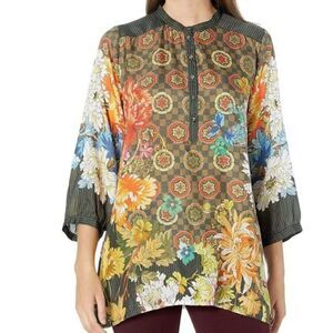 Johnny Was Bettina Multicolor Floral Silk Blouse Tunic Size Large EUC